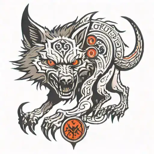 demon wolf with realistic details with demonic runes seals tattoo design idea