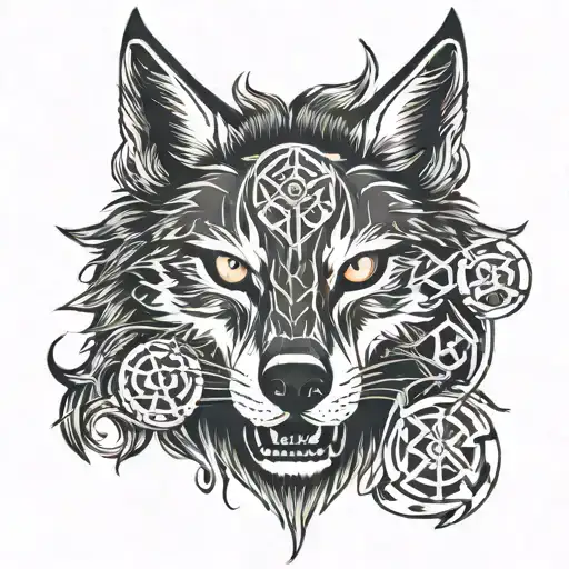 demon wolf face with rune in the from head and Enoch runes around the tattoo tattoo design idea
