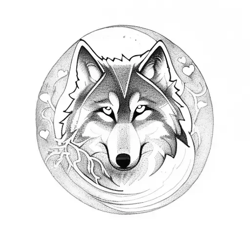 A mystical forest scene with a wolf howling at the moon, incorporating the words 'healing energy' in a shape of a heart and the numbers 11:11 tattoo design idea