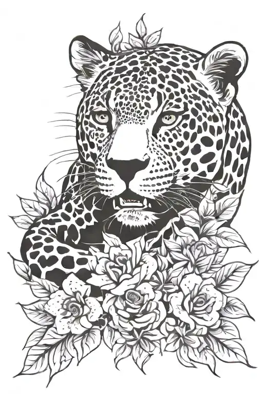 jaguar prowling with flowers intertwined tattoo design idea