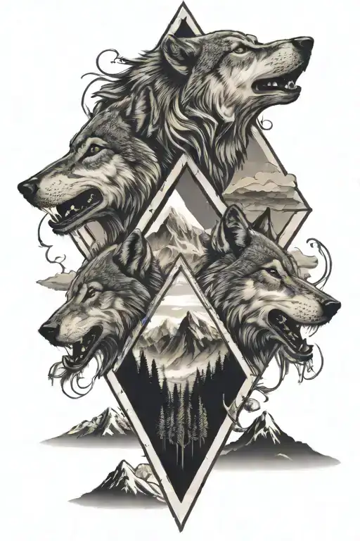 Diamond shape with a mountain view inside with three wolve howling. Wolves are drawn within each other!  tattoo design idea