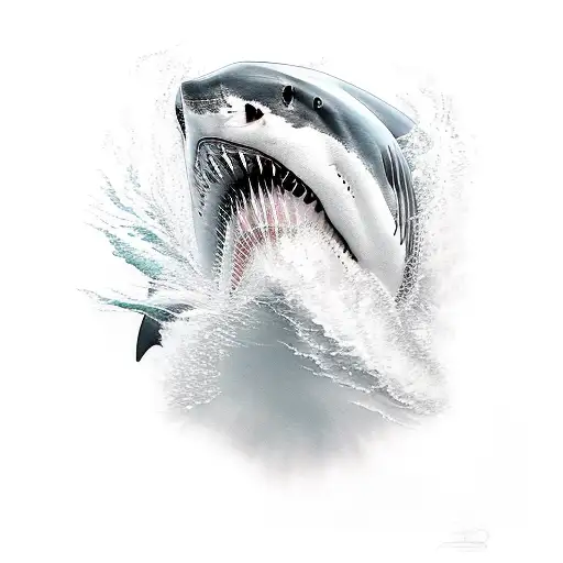 A realistic portrait of a great white shark emerging from crashing waves tattoo design idea