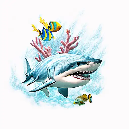 An underwater scene with a majestic shark swimming among colorful coral reefs tattoo design idea