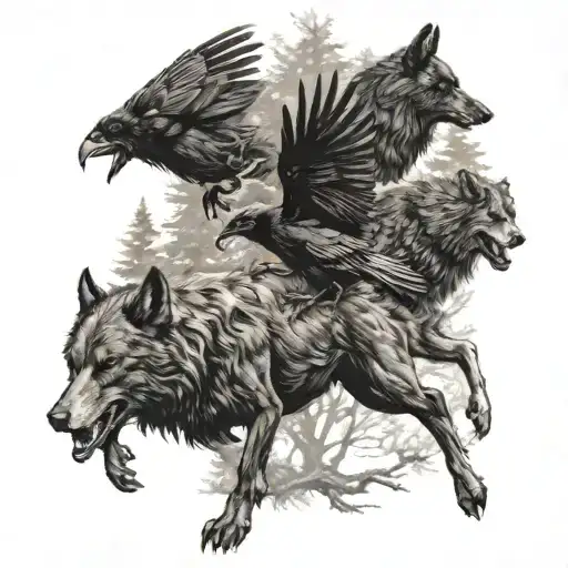 Women Blacksheep Odins Ravens and Wolfs running in forest tattoo design idea