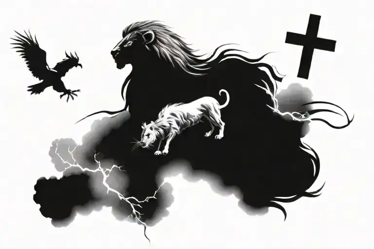 lion and the lamb with crosses and clouds with lightning  tattoo design idea