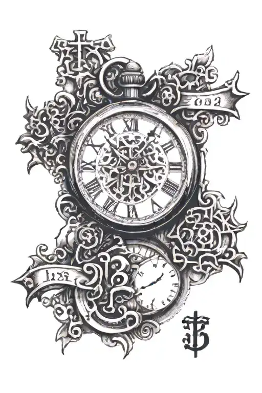 a time piece with 1993 written underneath and a shadow cross  tattoo design idea