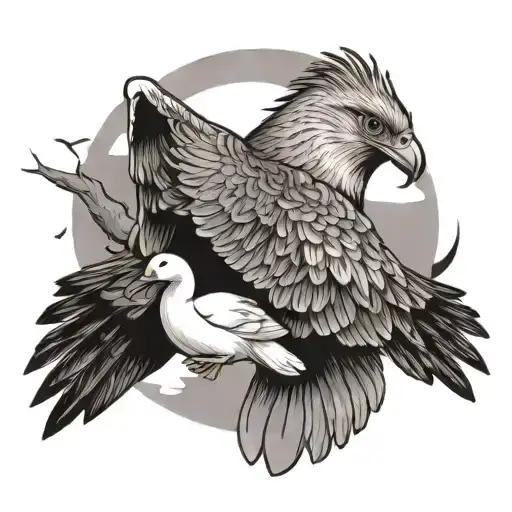 hawk with spread wings looking at a swan with baby ducks tattoo design idea