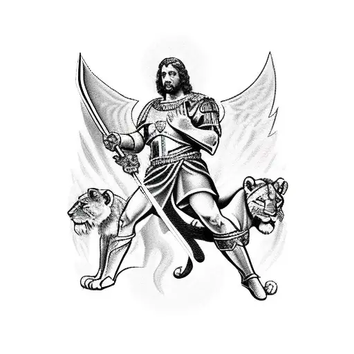 Archangel Michael raising a sword with a Lion on his side tattoo design idea