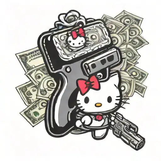 hello kitty flexing money bag and gun  tattoo design idea
