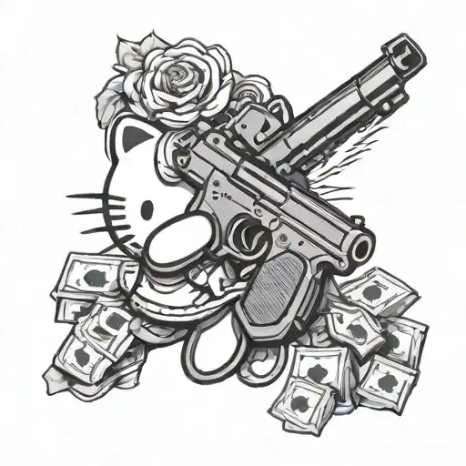 hello kitty flexing money and gun shooting tattoo design idea