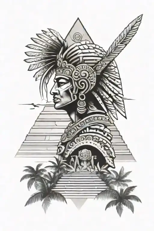 Aztec pyramid emerging with Aztec warrior over jungle background  tattoo design idea