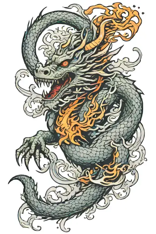 A full arm tattoo design of a dragon covering a rabbit and breathing fire. tattoo design idea