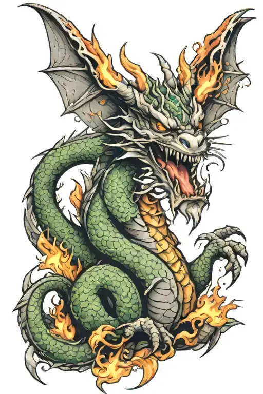 A full arm tattoo design of a dragon covering a rabbit and breathing fire. tattoo design idea
