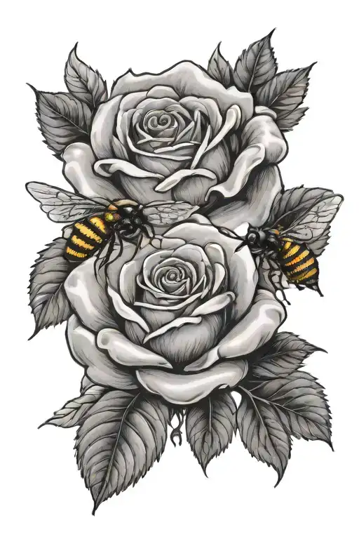 rose, rose bud, leaves, bees flying tattoo design idea