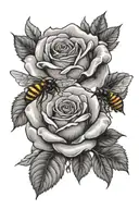 rose, rose bud, leaves, bees flying tattoo design idea