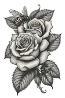 rose, rose bud, leaves, bees flying tattoo design idea
