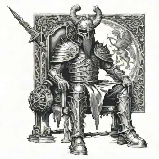 Baal wearing battle armor sitting on a throne  tattoo design idea
