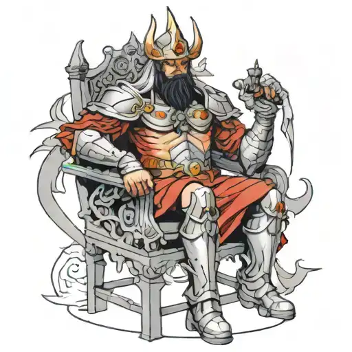 Baal wearing battle armor sitting on a throne  tattoo design idea