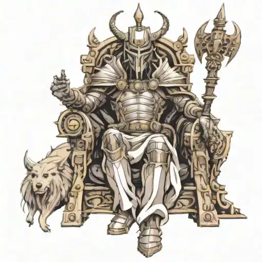 Baal wearing battle armor sitting on a throne  tattoo design idea