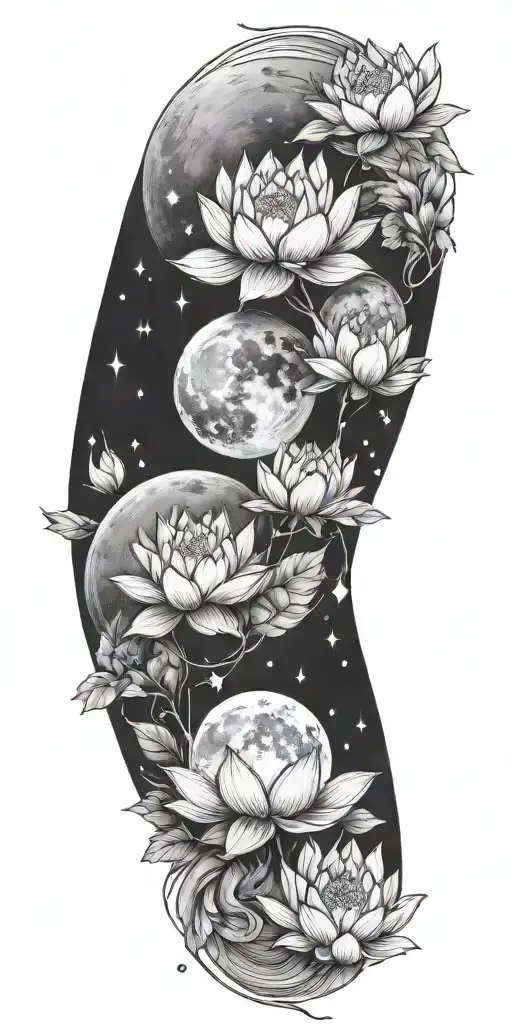 moon phases with lotus flowers tattoo design idea
