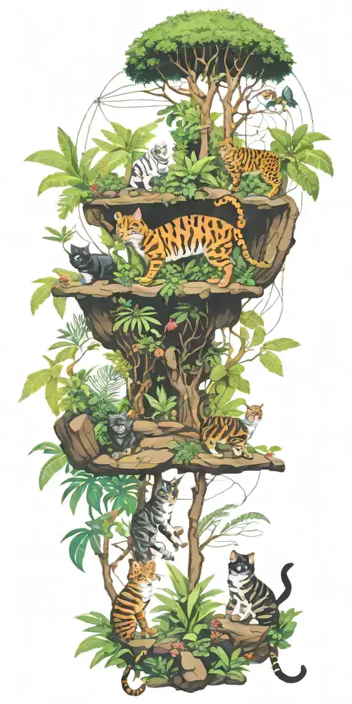 cats playing in the rainforest tattoo design idea
