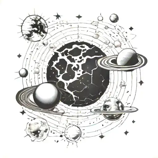 A detailed blackwork tattoo of the solar system with a subtle nod to electric currents intertwined within the planets and stars tattoo design idea