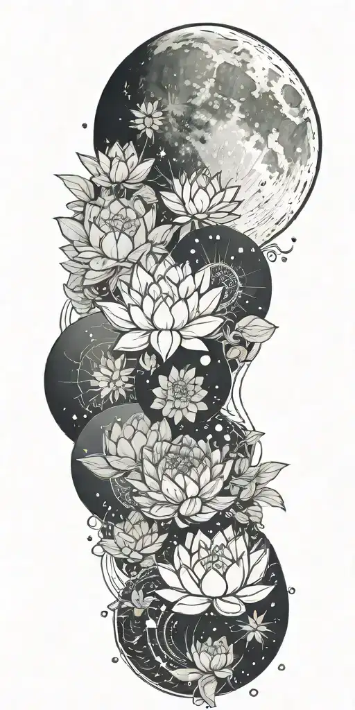 moon phases with lotus flowers tattoo design idea