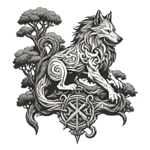fenrir chained to yggdrasil tattoo design idea