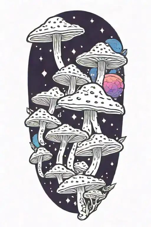 galaxy themed vibrant colored space mushrooms tattoo design idea