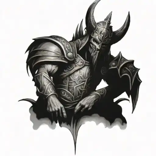 Baal wearing battle armor sitting on a throne  tattoo design idea