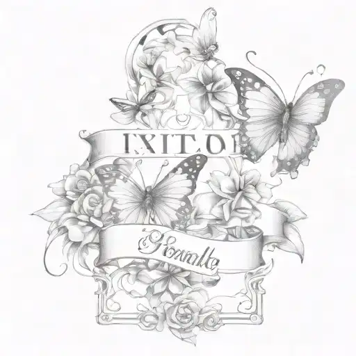 butterflys and two banners for names intertwined tattoo design idea