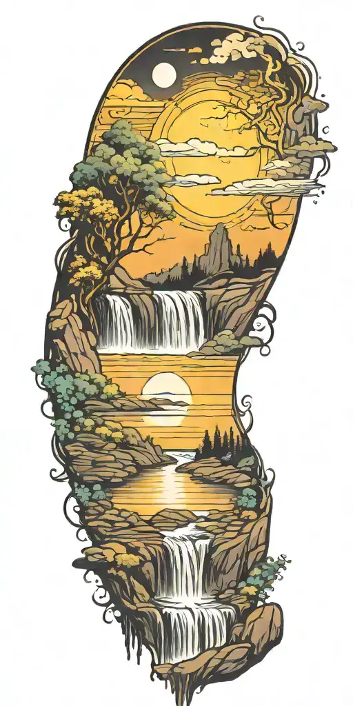 sun at the top of a waterfall flowing into a reflection of the moon tattoo design idea