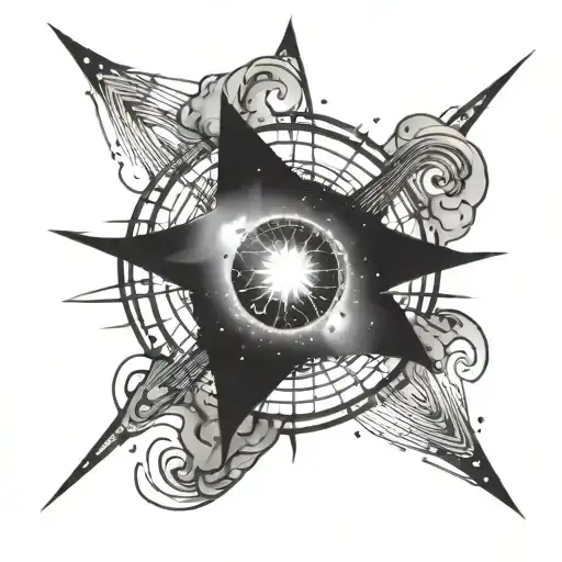 A black-grey tattoo of a pulsar star emitting electric waves, surrounded by a celestial backdrop of nebulae and galaxies tattoo design idea