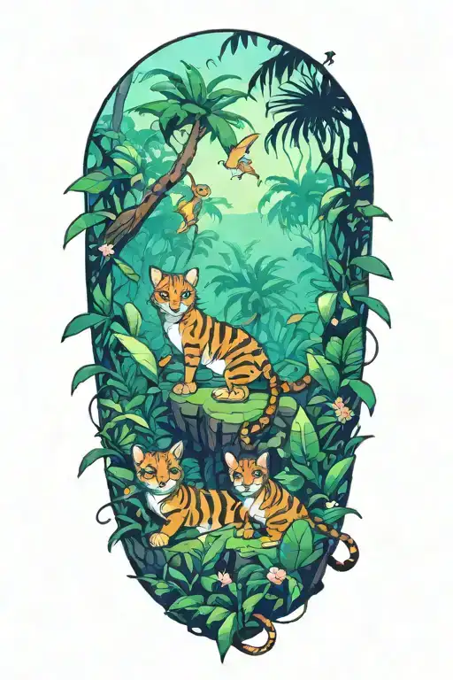 jungle cats playing in the rainforest tattoo design idea