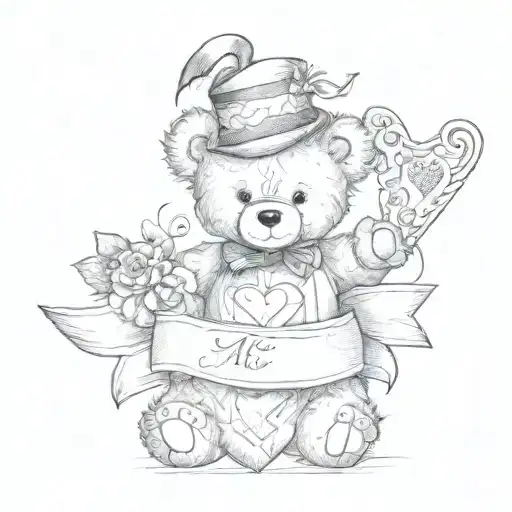 teddy bear with two banners wrapped around a heart tattoo design idea