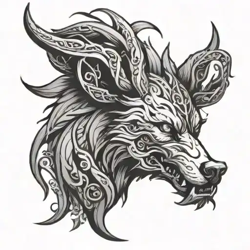 fenrir with Yggdrasil growing out of his head  tattoo design idea