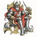 Baal wearing battle armor sitting on a throne  tattoo design idea