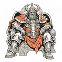 Baal wearing battle armor sitting on a throne  tattoo design idea