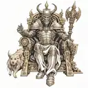 Baal wearing battle armor sitting on a throne  tattoo design idea