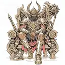 Baal wearing battle armor sitting on a throne  tattoo design idea