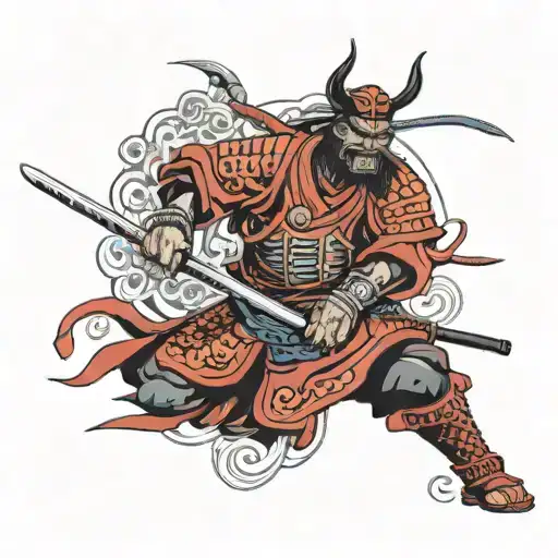 red samurai with armor , with a oni mask , with a katana in a combat position tattoo design idea