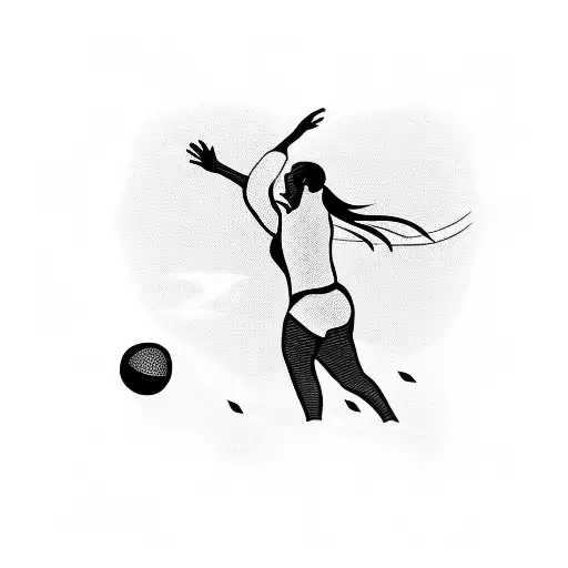 A silhouette of a person playing volleyball with a bird flying above in blackwork style tattoo design idea