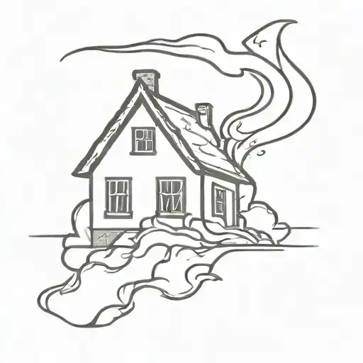 Crumbling house burning with flame from the windows  tattoo design idea