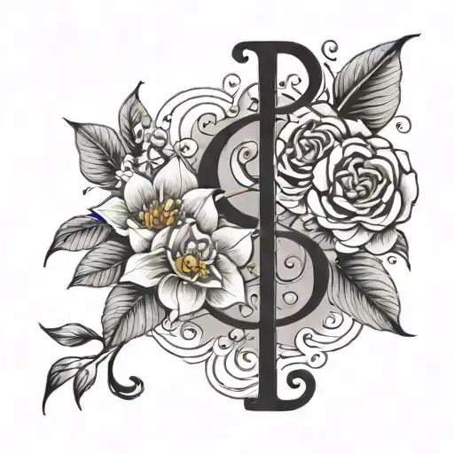 A minimalist tattoo design of your boyfriend's initials "JI "entwined with roses and water lilies, and narcissus flowers tattoo design idea