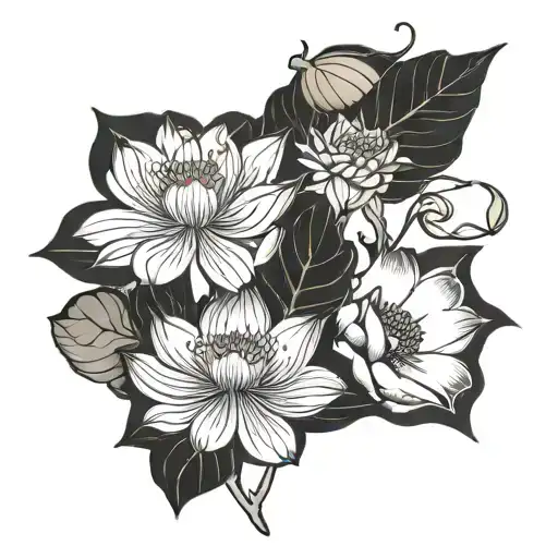 floral Japanese black flower lotus flower blooming tattoo design idea