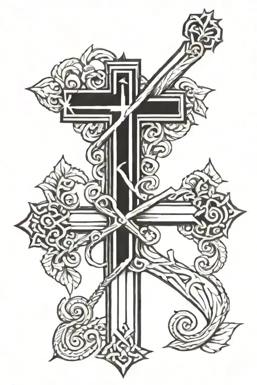 Cross of Nails with Agape in ancient Greek tattoo design idea