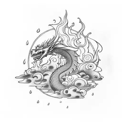 Dragon in the sky with rain and fire tattoo design idea