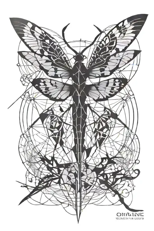 A geometric design incorporating elements of philosophy and love, with a crane fly as a central motif, Transgender tattoo design idea