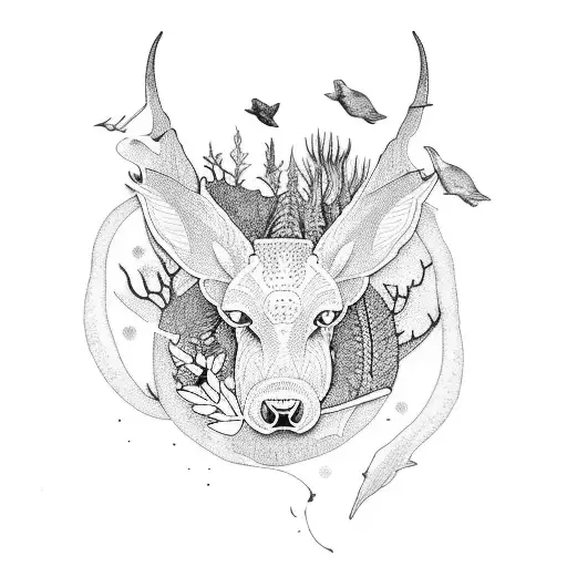 A nature-inspired dotwork sleeve tattoo featuring animals, plants, and survival tools tattoo design idea