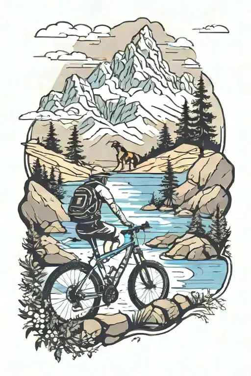 Landscape with snowy mountains, a stone-paved river, pine trees and in the distance a dog and a mountain bike tattoo design idea